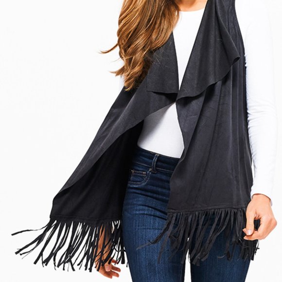 Countess Faux Suede Waterfall Collar Open Front Fringe Vest - Picture 2 of 7